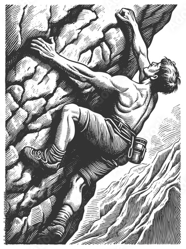 muscular man alpinist rock climbing on a steep cliff, gripping rugged rocks with determination and strength sketch engraving generative ai vector illustration. Scratch board. Black and white image.