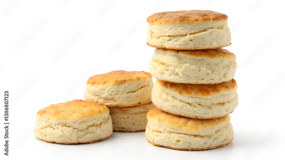 A tall stack of fluffy Southern biscuits with golden, buttery tops, isolated on a white background for a classic homemade feel. A tall stack of fluffy Southern biscuits with golden, buttery tops, isolated on a white background for a classic homemade feel.