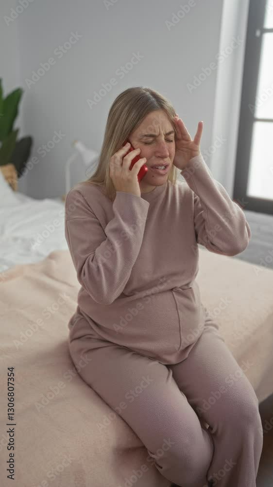 Pregnant woman talking on phone, sitting on bed in bedroom, expressing worry indoors with blonde hair, wearing comfortable clothing and expecting baby in calm home environment. Pregnant woman talking on phone, sitting on bed in bedroom, expressing worry indoors with blonde hair, wearing comfortable clothing and expecting baby in calm home environment.