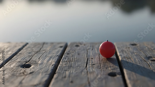 Single Fishing Bobber In Style of Realistic Photography For Web Banners & YouTube Thumbnails On Wooden Surface With Minimalist Aesthetic And Copy Space