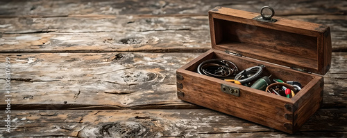 Wooden Tackle Box In Style of Realistic Photography For Web Banners & YouTube Thumbnails On Aged Wooden Background With Subtle Shadow Gradient