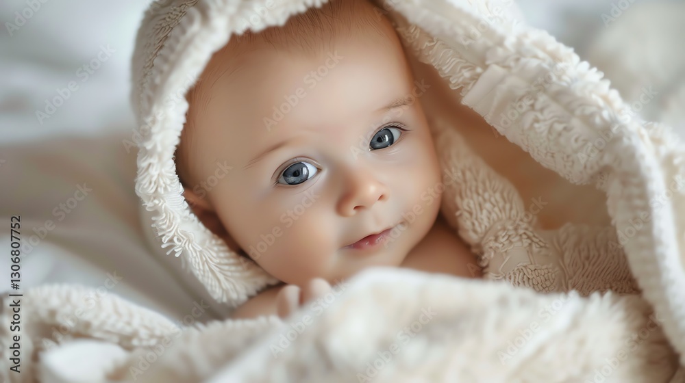A baby wrapped in a white towel looks at the camera with big blue eyes. A baby wrapped in a white towel looks at the camera with big blue eyes.