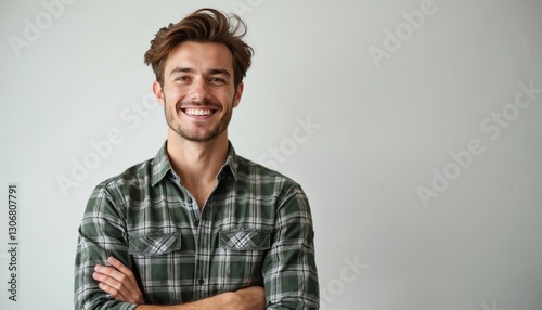 Handsome man portrait, smiling with confidence and positive expression. Young adult dressed casually in green checkered shirt with arms crossed on white background. Studio shot, happy face.