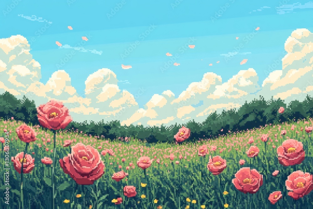 Fototapeta premium Rose meadow illustration landscape pixelated.