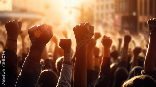 Crowd of protesters hands . People raised fist air figh