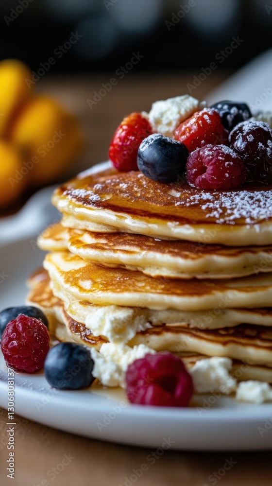 Stack of fluffy pancakes topped with fresh berries and juicy blueberries on a white plate Stack of fluffy pancakes topped with fresh berries and juicy blueberries on a white plate