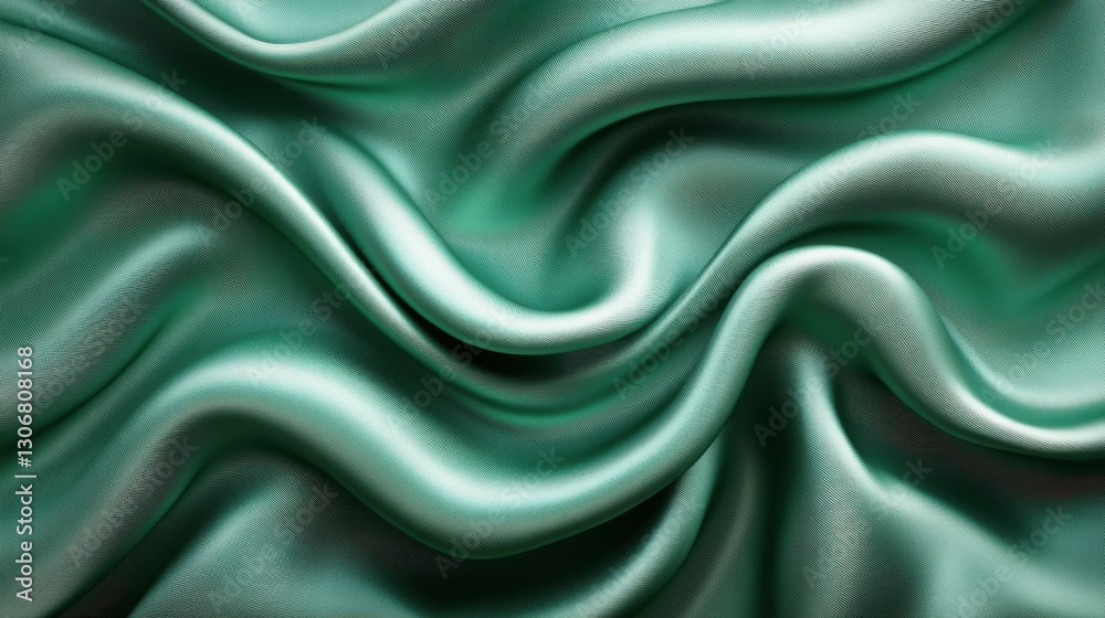 Fototapeta premium green satin fabric in soft waves background,cartoon illustration style