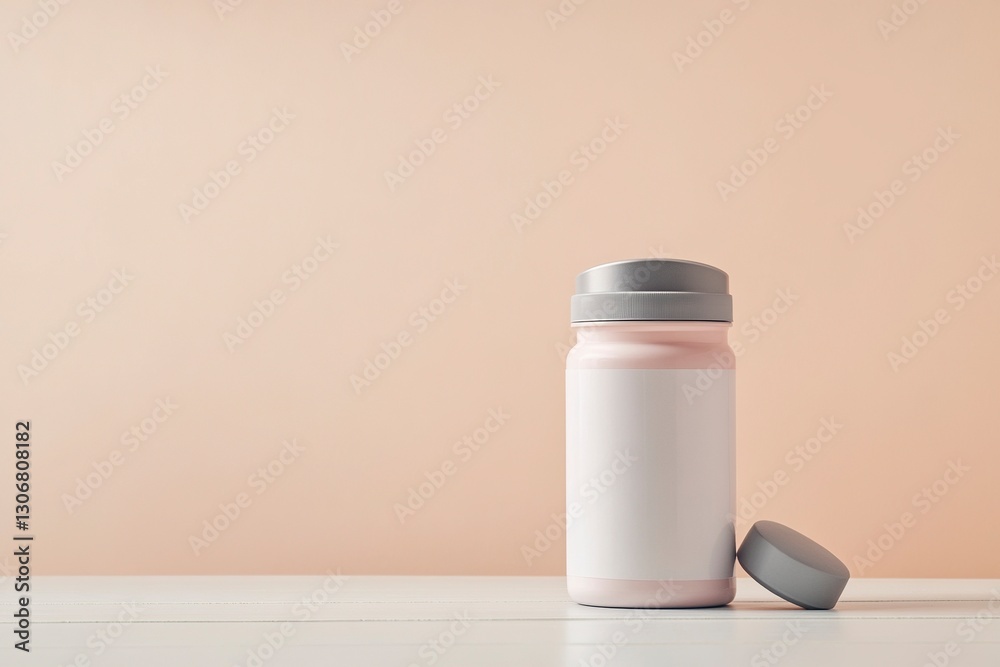 White supplement bottle with a metal cap and a gray plastic rubber shaker on a white wooden table, with a pastel beige background. This is a mockup for product advertising, banner design, White supplement bottle with a metal cap and a gray plastic rubber shaker on a white wooden table, with a pastel beige background. This is a mockup for product advertising, banner design,