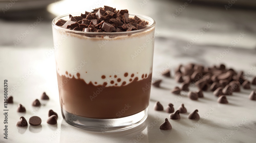 11.An elegant presentation of hot chocolate in a sleek glass cup, with a layer of melted chocolate at the bottom, a frothy milk foam topping, and a sprinkle of chocolate shavings, set on a marble 11.An elegant presentation of hot chocolate in a sleek glass cup, with a layer of melted chocolate at the bottom, a frothy milk foam topping, and a sprinkle of chocolate shavings, set on a marble