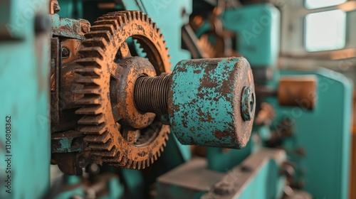 Close-up of a rusty gear on a machine. the gear appears to be old and weathered, with peeling paint and rust covering its surface. the machine is made of metal and has a greenish-blue color.