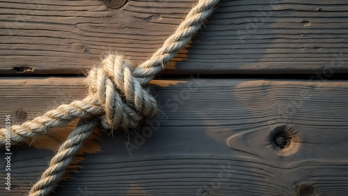 Frayed Rope Tied Into Sheet Bend Knot In style of Realistic Photograph For Rustic Background Rugged Wooden Dock with Copy Space