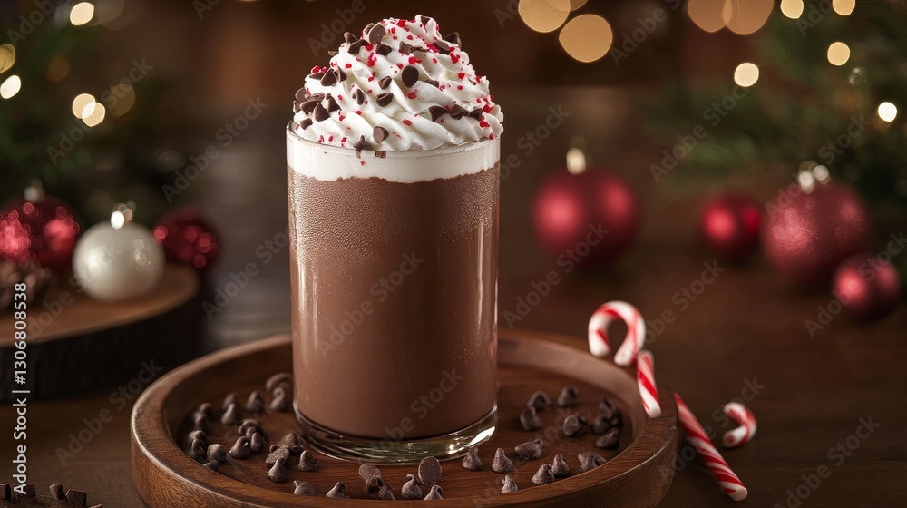 12.A festive arrangement featuring a tall glass of hot chocolate garnished with whipped cream, candy cane bits, and chocolate chips, served on a wooden plate surrounded by holiday-themed decorations. 12.A festive arrangement featuring a tall glass of hot chocolate garnished with whipped cream, candy cane bits, and chocolate chips, served on a wooden plate surrounded by holiday-themed decorations.