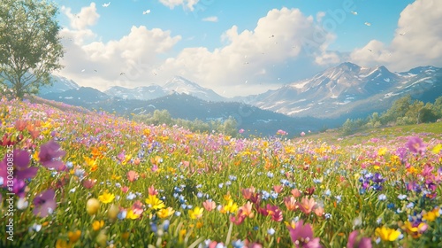 Vibrant wildflower blooming majestic mountain range landscape photography serene environment wide-angle view nature's beauty