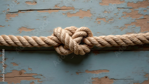 Twisted Rope with Double Fisherman’s Knot In style of Realistic Photograph For Nautical Background Distressed Wooden Table with Copy Space