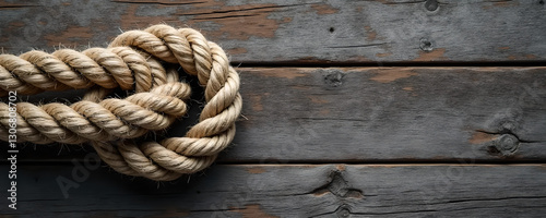 Salt-Stained Rope with Anchor Hitch Knot In style of Realistic Photograph For Maritime Background Old Wooden Dock with Natural Grooves