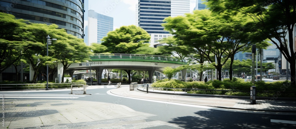 Lush urban landscape with green trees and modern architecture in a bustling city scene Lush urban landscape with green trees and modern architecture in a bustling city scene