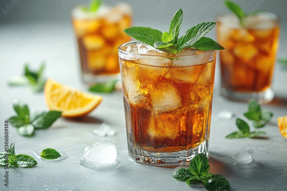 A refreshing glass of iced tea garnished with mint leaves and citrus slices, perfect for summer gatherings and gatherings with friends or family. A refreshing glass of iced tea garnished with mint leaves and citrus slices, perfect for summer gatherings and gatherings with friends or family.