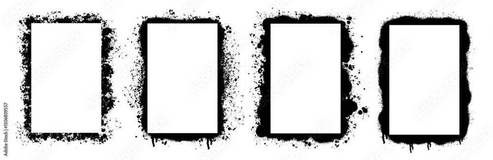 Stencil black frame dirty texture rectangle border. Color border with spray effect and spot and urban graffiti style. Paint splash a borders with drips