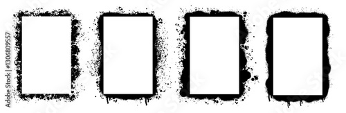 Stencil black frame dirty texture rectangle border. Color border with spray effect and spot and urban graffiti style. Paint splash a borders with drips