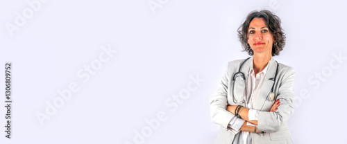 Woman doctor standing on light gray panoramic backgorund.