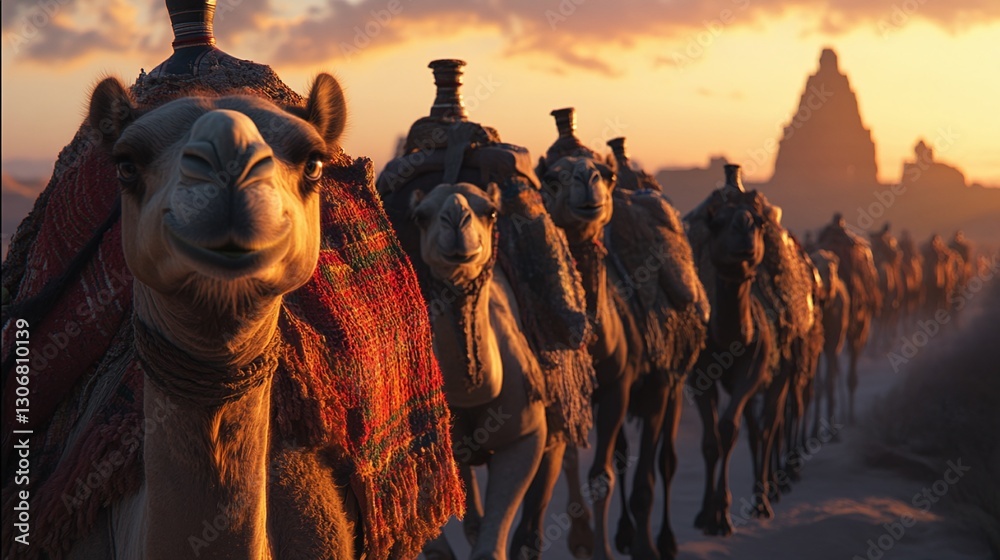 Fototapeta premium a group of camel caravans inthe desert