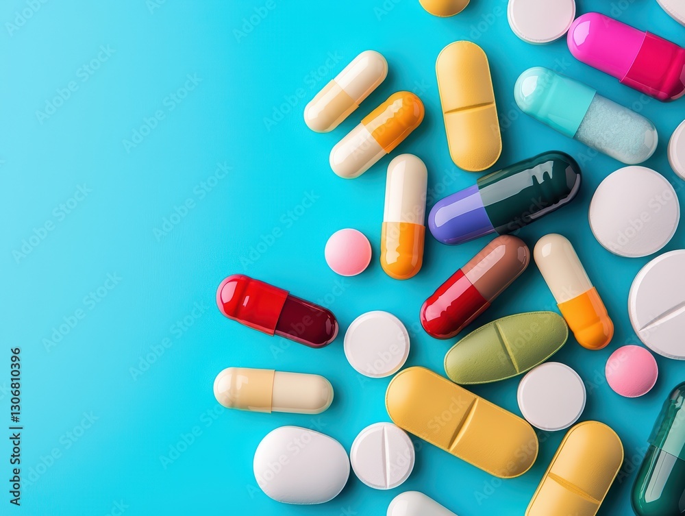 Diverse Array of Pharmaceutical Pills and Capsules on a Bright Blue Background Diverse Array of Pharmaceutical Pills and Capsules on a Bright Blue Background