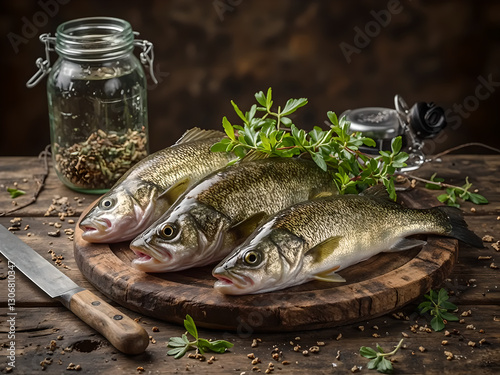 Fisherman’s Catch of Bass and Pike in style of High-Resolution Realistic Photograph For Rustic Background Use with Diffused Light and Ample Copy Space