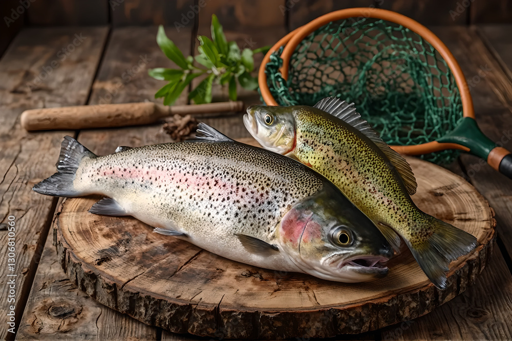 Trout and Perch with Fishing Nets in style of High-Resolution Realistic Photograph For Rustic Background Use with Soft Natural Light and Ample Copy Space Trout and Perch with Fishing Nets in style of High-Resolution Realistic Photograph For Rustic Background Use with Soft Natural Light and Ample Copy Space