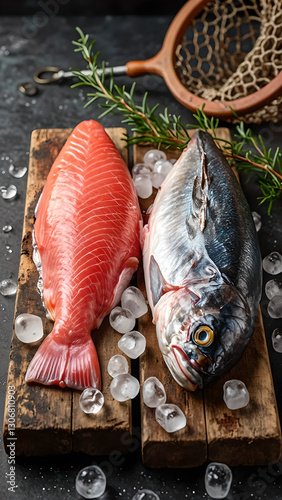 Freshly Caught Salmon and Tuna with Fishing Nets and Ice in style of High-Resolution Realistic Photograph For Rustic Background Use with Natural Lighting and Ample Copy Space