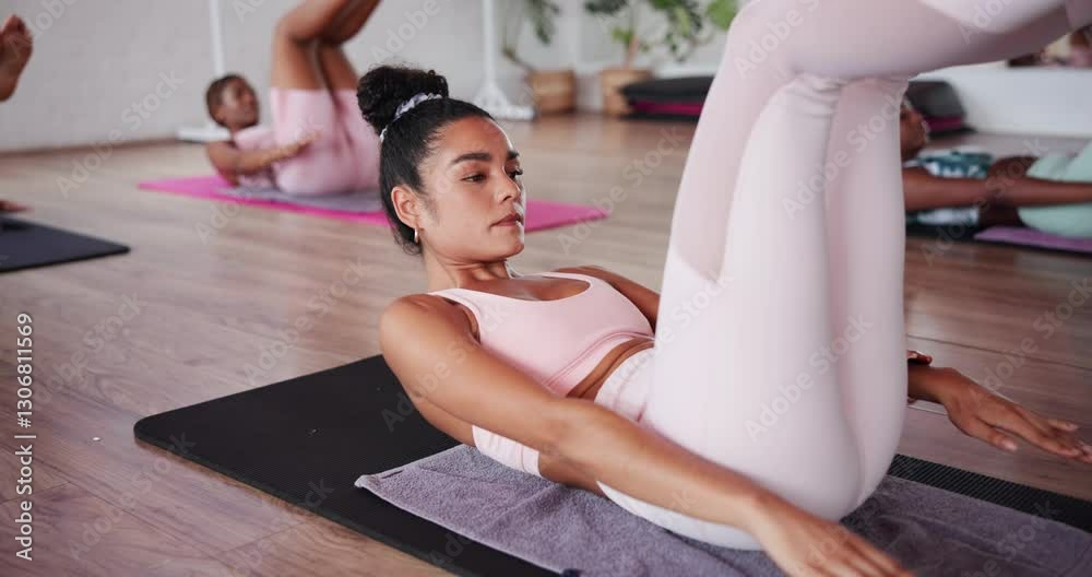 Fitness, breathing and women in class, pilates and dead bug exercise for core muscles, floor and improve posture. Workout, active and performance to prevent back pain, balance and routine for people
