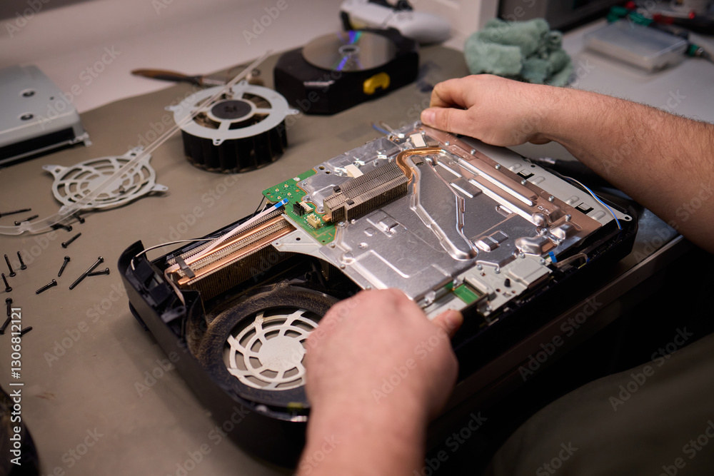 Obraz premium Skilled Hands Engaged in Repairing Electronic Devices Using a Variety of Specialized Tools