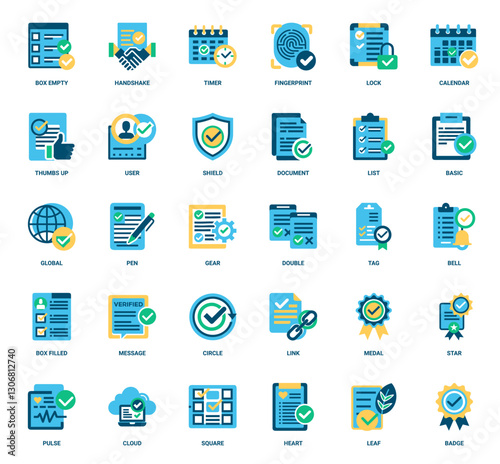 check mark collection flat icons essential elements, consent permit allow enable