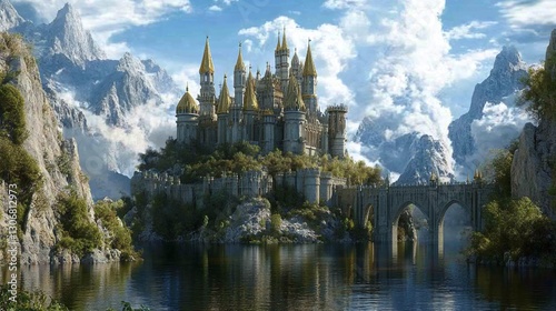 beautiful elven castle in a fantasy land with lake and mountain in the background
