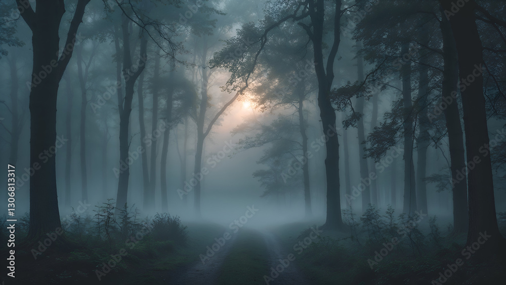Misty Forest Pathway Shrouded in Fog with a Moonlit Glow and Silhouetted Trees Misty Forest Pathway Shrouded in Fog with a Moonlit Glow and Silhouetted Trees