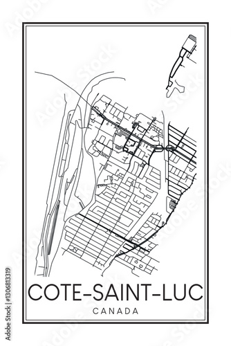 Printable downtown road map poster of the Canadian city of COTE-SAINT-LUC on solid white background with city name