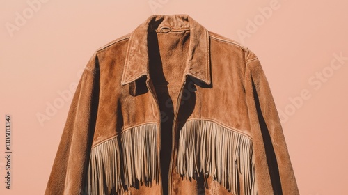 Brown suede jacket hanging on a hanger against a peach-colored background. the jacket has a collar and a zipper closure. it has two pockets on the front and two on the back.