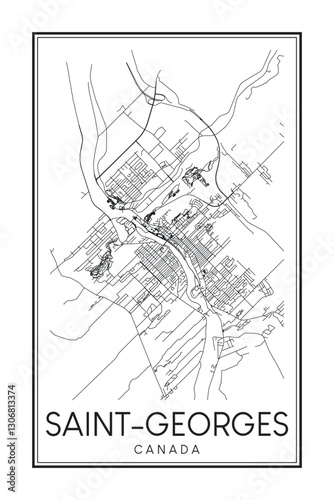 Printable downtown road map poster of the Canadian city of SAINT-GEORGES on solid white background with city name