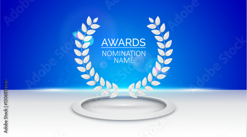Futuristic podium with laurel wreath symbol on round stand. Awards nomination name podium. Best of year. Modern 3D vector.