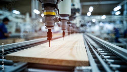 Wallpaper Mural Industrial robotic arm operates seamlessly in a modern woodworking plant, efficiently processing timber with precision and advanced manufacturing technology Torontodigital.ca