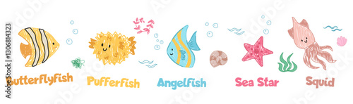 Cute crayon sea animals drawings for stickers and icons for children designs. Kids style hand drawn illustration. Vector collection for poster or printing