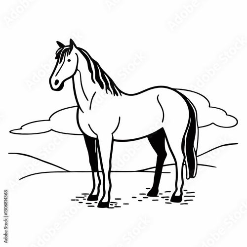A majestic horse in a sleek black-and-white vector style.

