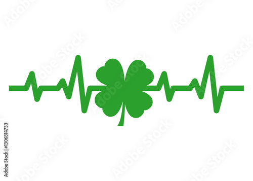Logo con silueta de trébol de 4 hojas con líneas de latidos cardíacos para tarjetas y felicitaciones de San Patricio