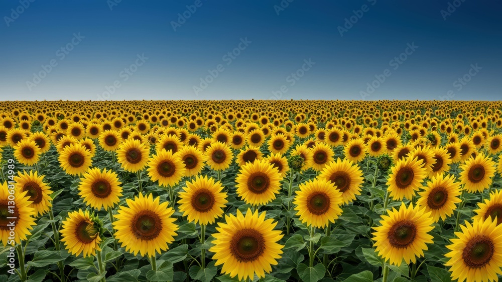 Obraz premium Vibrant sunflower field under a clear blue sky, showcasing nature's beauty and agricultural abundance