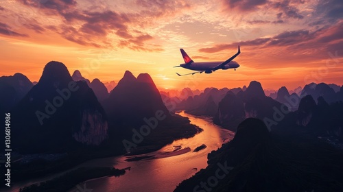 Airplane flying over Li River, karst mountains at sunset. Travel, tourism