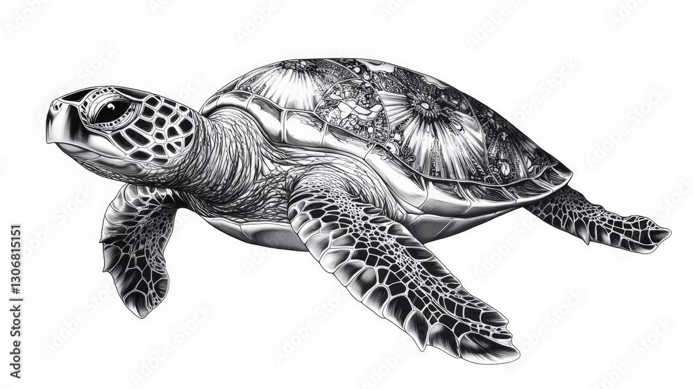 Fototapeta premium An exquisite black and white illustration of a sea turtle, featuring detailed patterns on its head and neck. Its intricately designed shell adds depth and dimension, enhancing the overall elegance of 