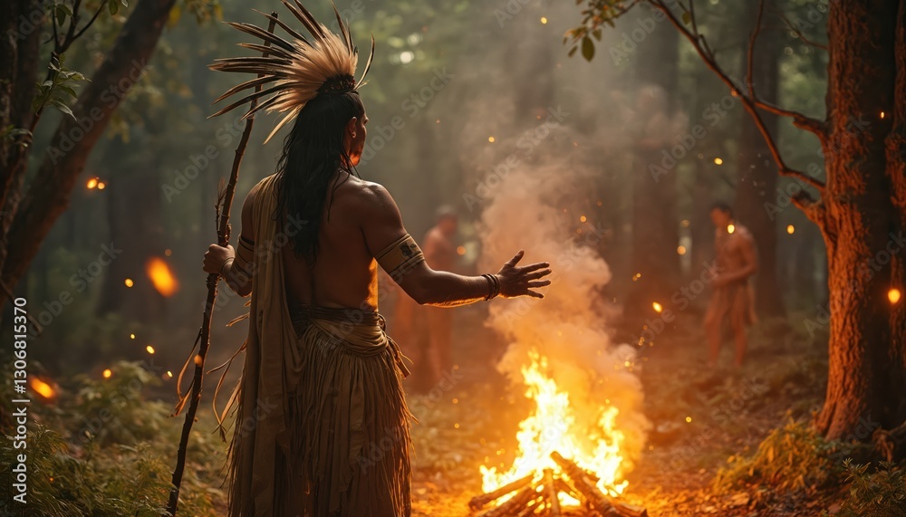 Naklejka premium Shaman performs ritual near fire in grove. Native American man with feather headdress holds stick. Smoke rises as other men watch in forest. Ancient tribal traditions.