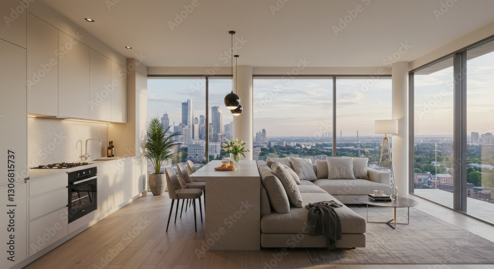 Fototapeta premium Modern kitchen mockup table interior in a luxury home with stylish design, windows, furniture, and a spacious layout