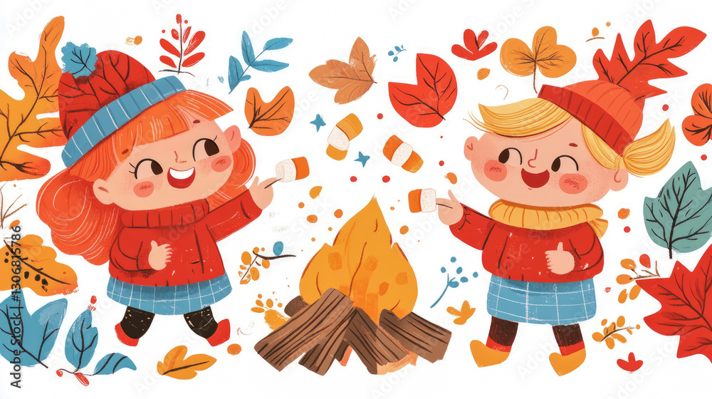 Naklejka premium Autumn Campfire Fun: A Cheerful Illustration of Kids Roasting Marshmallows in a Fall Setting
