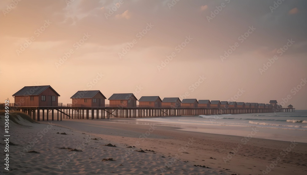 Tranquil Coastal Seascape with Traditional Fishing Huts Tranquil Coastal Seascape with Traditional Fishing Huts