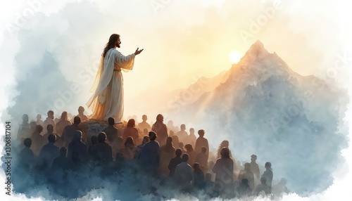 Watercolor painting of Jesus Christ preaches to crowd standing on top of mountain at sunset. Religious themes of faith, salvation, love, teaching. Digital artwork featuring holy scene.